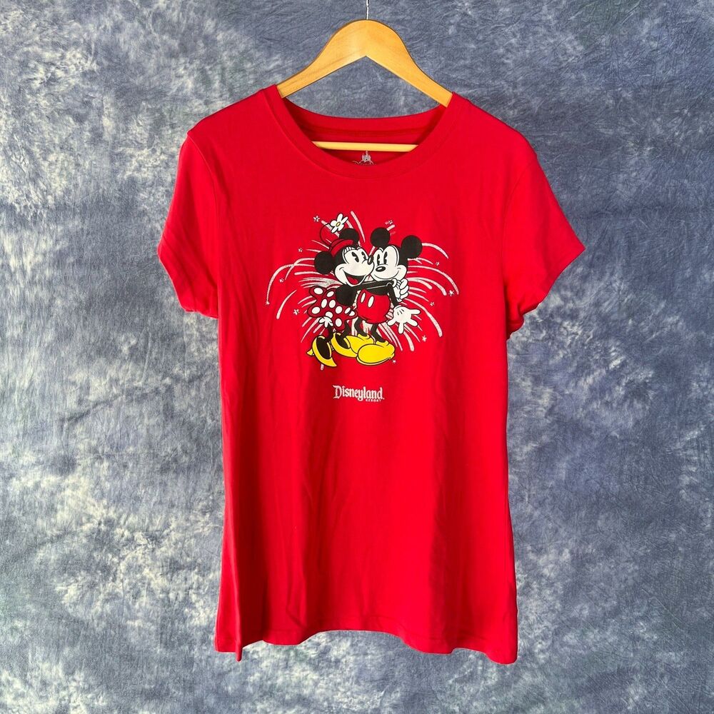 Mickey Mouse & Minnie Disneyland Red T-shirt Glitter Fireworks Sz L
